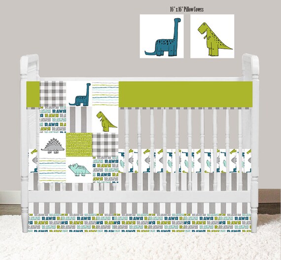 Dinosaur Crib Bedding Lime Green Teal Mint And Gray Baby Etsy