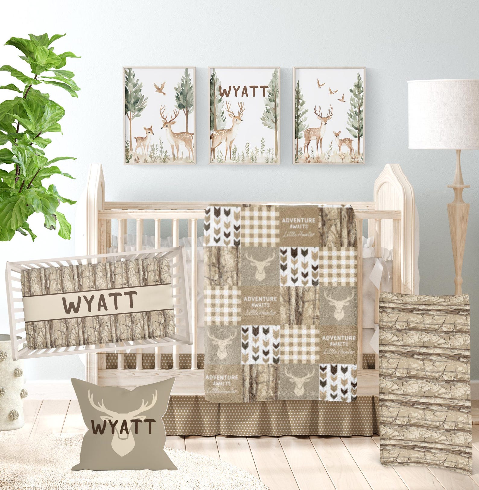 Deer Crib Bedding Set - Tan Woodland Baby Bedding, Rustic Personalized