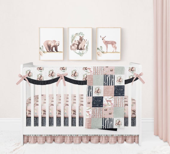 Baby Girl Woodland Nursery Bedding Set Deer Bear Crib Etsy