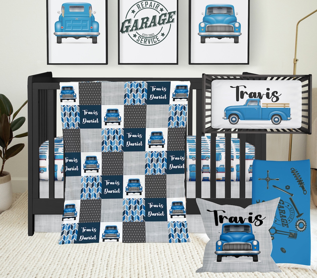 Boy Crib Bedding, Truck Nursery Baby Bedding, Vintage Farm Trucks, Blue