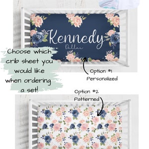 Crib Bedding Set Girl, Floral Nursery Bedding, Pink and Navy Blue Baby Girl Crib Bedding Set, Personalized Baby Decor image 5