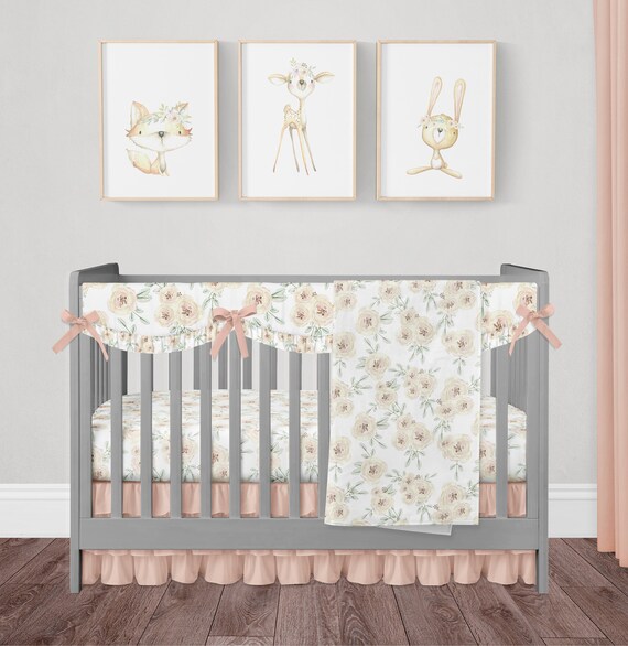 Floral Crib Bedding Set Baby Girl Nursery With Peach Ruffle Etsy