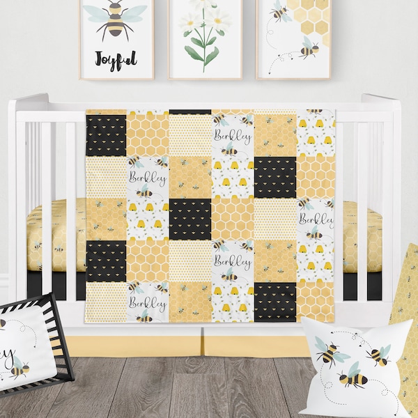 Bumble Bee Nursery Bedding, Baby Bee Crib Bedding Set, Personalized Bee Baby Nursery Room Decor, Black Yellow Crib Bedding Baby Girl