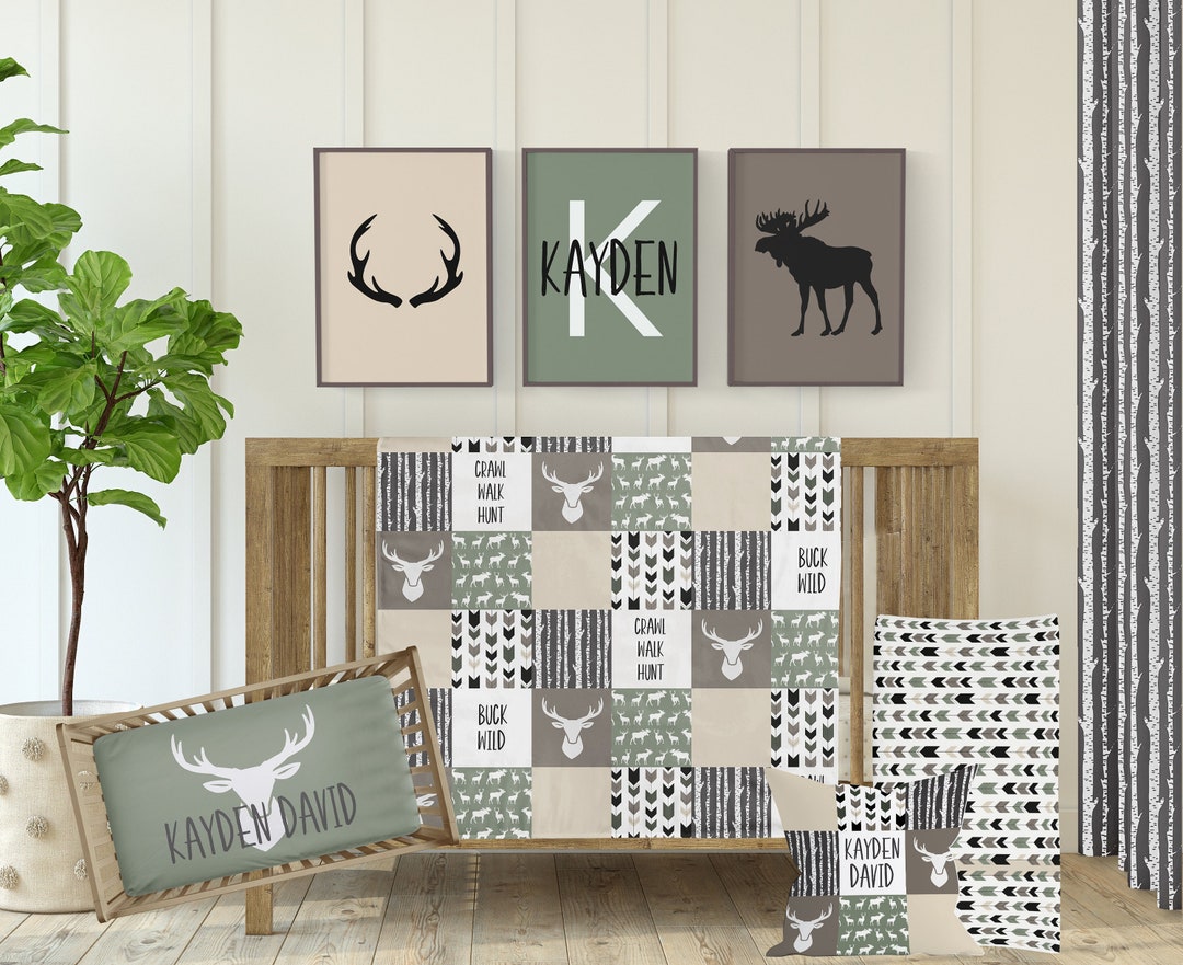 Crib Bedding Set Boy, Woodland Nursery Bedding, Baby Boy Deer Bedding Crib Set, Sage Green Taupe