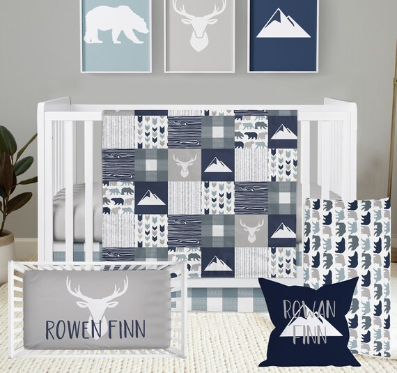 Woodland Nursery Bedding Baby Boy Crib Bedding Set Woodland Bear Deer Mountains Nursery Bedding Navy Blue Gray Baby Boy Etsy
