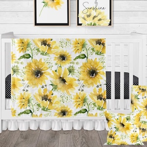 Sunflower Crib Bedding, Baby Girl Bedding Sets, Yellow and Black Floral Nursery, Baby Girl Shower Gift