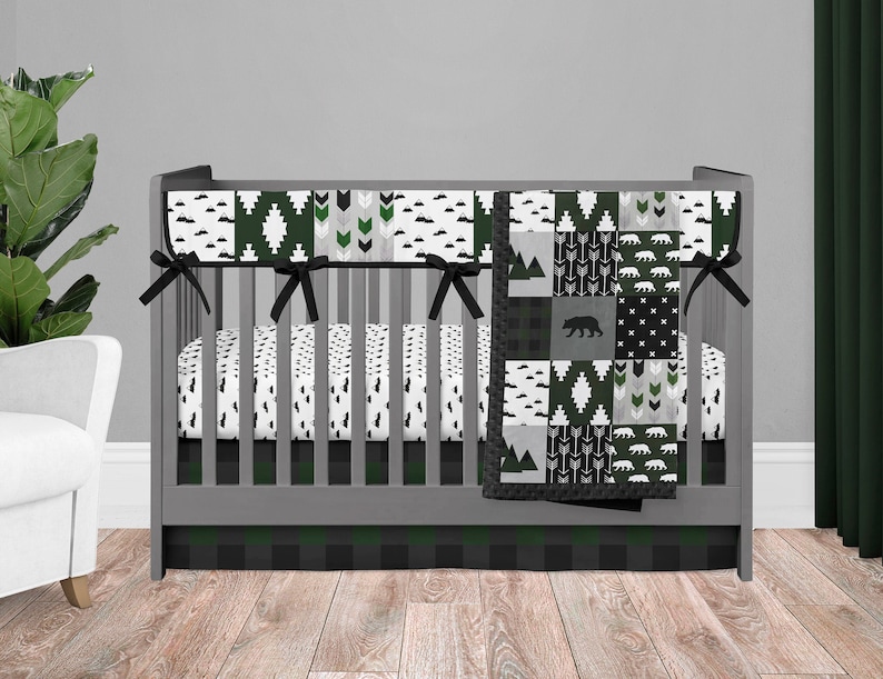 Woodland Boy Crib Bedding Set in Hunter Green Black and Gray Etsy