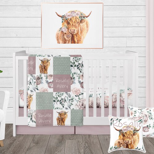 Baby Girl Floral Crib Bedding Set Highland Cow Nursery Etsy