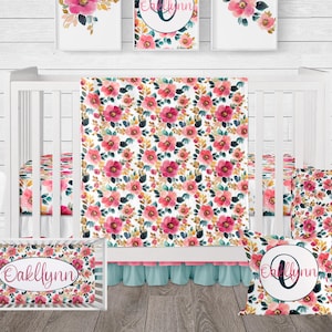 Floral Crib Bedding Set – Baby Girl Nursery Bedding, Pink and Teal Crib Set, Custom Baby Bedding, Personalized Blanket, Baby Shower Gift