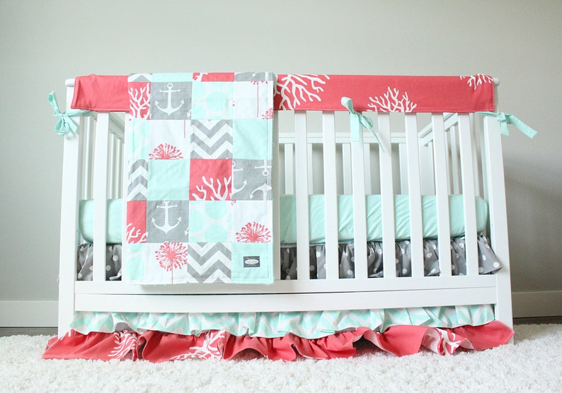 Ocean Baby Girl Crib Bedding Coral Mint Gray Baby Bedding Etsy