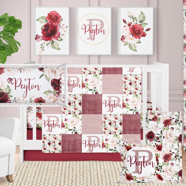 Crib Bedding Set Girl, Baby Bedding Pink and Burgundy Floral Nursery, Personalized Baby Girl Crib Bedding and Accessories