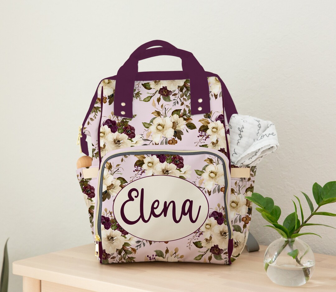 Baby Girl Diaper Bag, Floral Personalized Purple and Cream Backpack