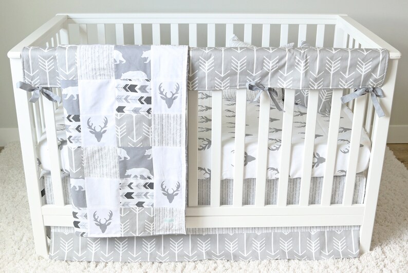 Baby Crib Bedding Set Gray Woodlands Nursery All Gray Baby Etsy