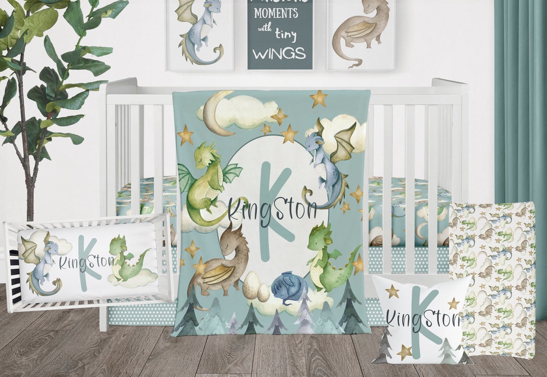Dragon Nursery Crib Bedding Set, Dragon Baby Blanket, Personalized