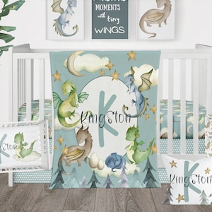 Dragon Nursery Crib Bedding Set, Dragon Baby Blanket, Personalized Dragon Forest Blanket, Baby Boy Crib Bedding Set, Fantasy Themed Baby