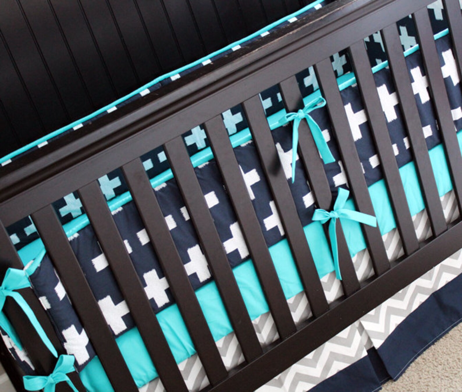 Baby Boy Crib Bedding Set Navy Blue and Teal Nursery Chevron Etsy