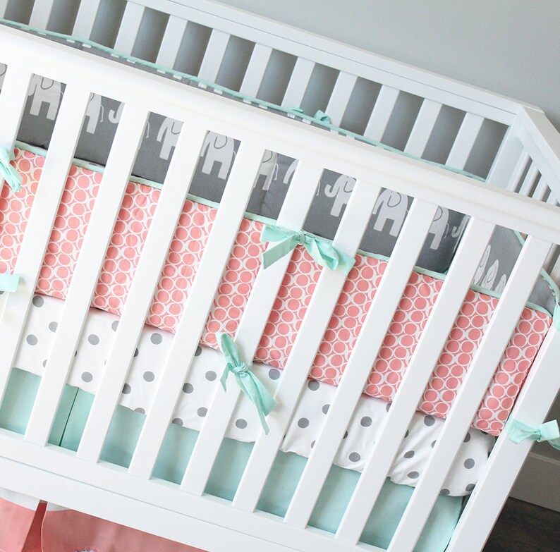 Girl Baby Bedding Set C Mint Gray Elephant Nursery Peach Bumper Pad Polka Dot Sheet Blanket Crib Skirt