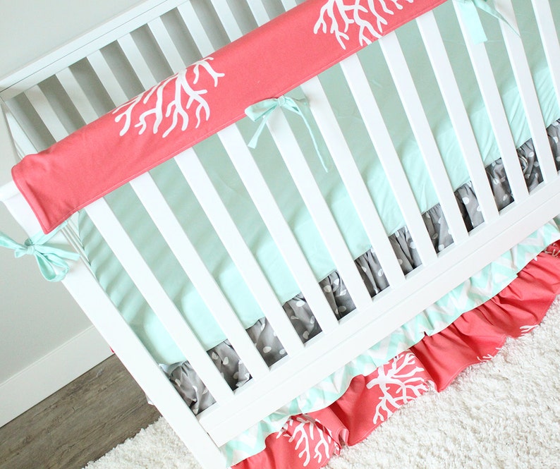 Ocean Baby Girl Crib Bedding Coral Mint Gray Baby Bedding Etsy