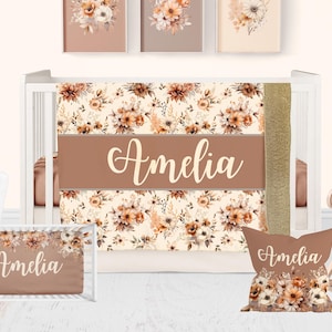 Floral Baby Girl Crib Bedding Set – Boho Rust & Neutral Nursery Bedding, Personalized Baby Blanket and Pillow, Baby Shower Gift