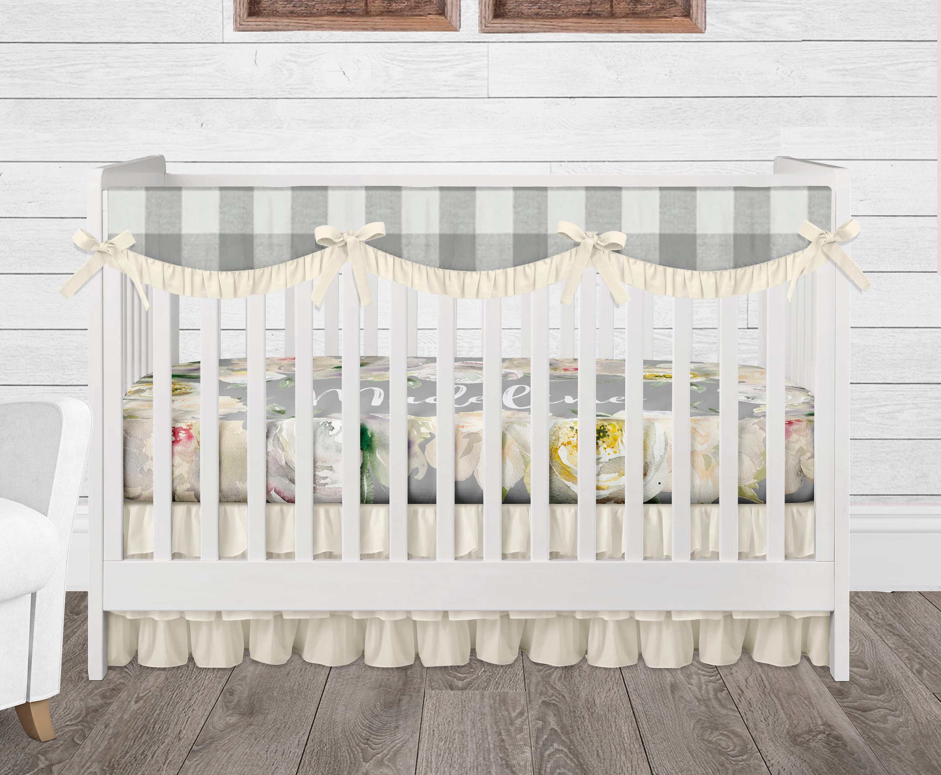 Girl Baby Crib Bedding Set Farmhouse Cream Gray Floral | Etsy