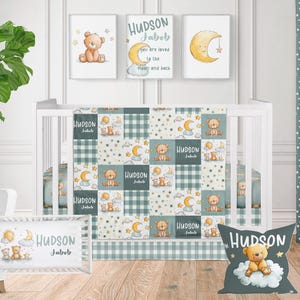 Personalized Teddy Bear Crib Bedding Set: Sage Green Moon & Stars