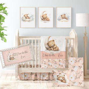 Teddy Bear Crib Bedding Set – Peach Floral Baby Girl Nursery, Personalized Crib Set, Soft Minky Blanket, Custom Baby Name Sheet, Shower Gift