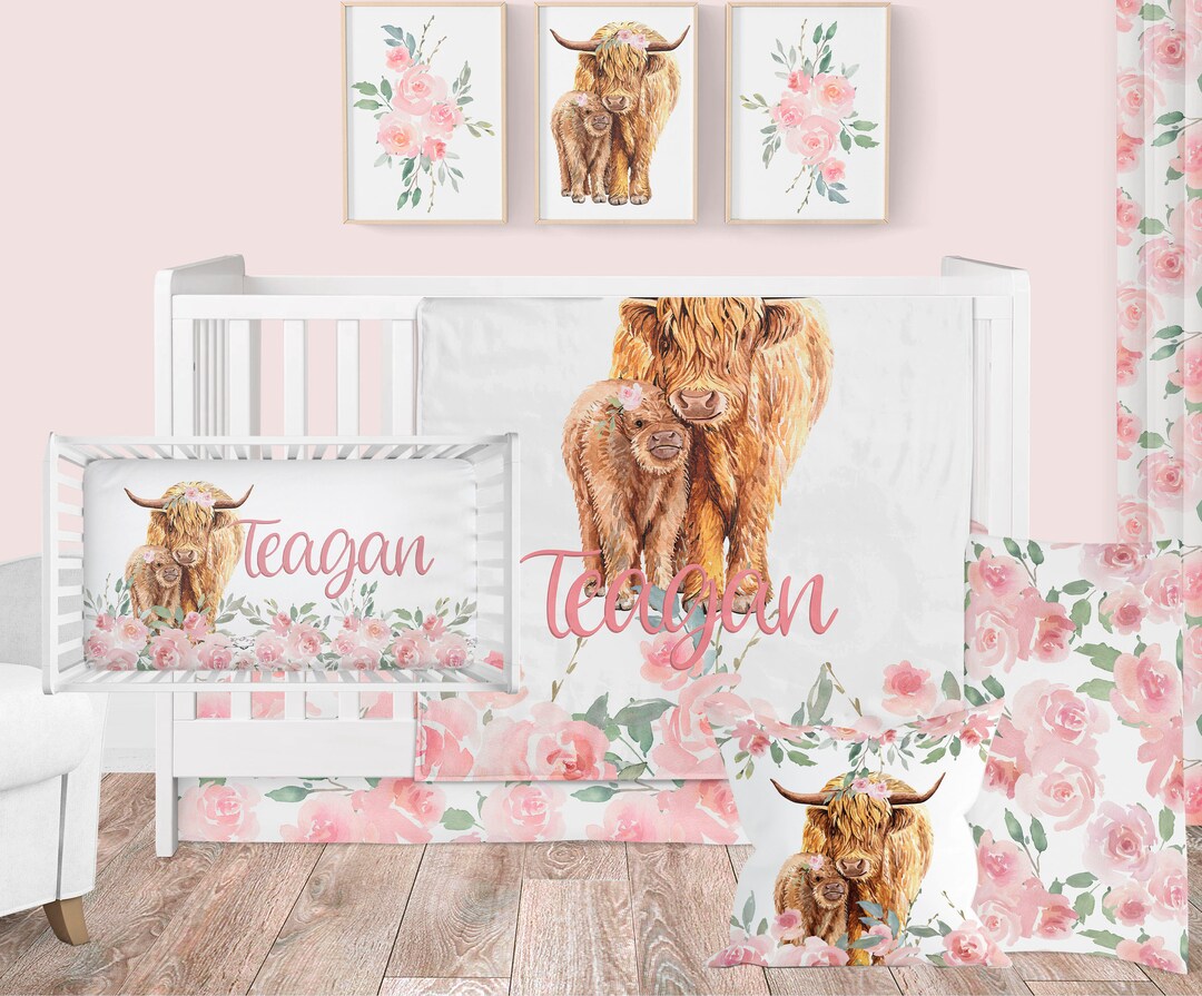 Cow Crib Bedding Set, Baby Girl Bedding, Pink Floral Highland Cow