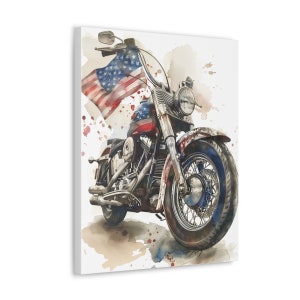 May include: A watercolor painting of a vintage motorcycle with an American flag draped over the handlebars. The motorcycle is painted in red, white, and blue, and the background is a light brown with watercolor splatters.