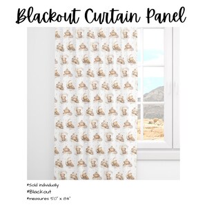 May include: Blackout curtain panel featuring a repeating pattern of sleeping teddy bears in soft brown and cream tones. The curtain measures 127cm x 213cm and is designed to block out light. The text "Blackout Curtain Panel" is at the top.