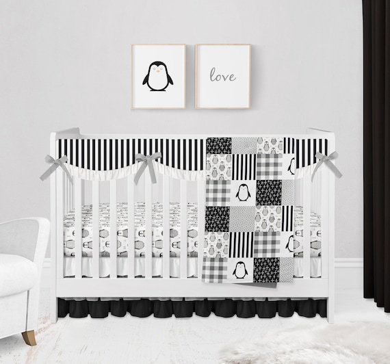 grey and white crib bedding set