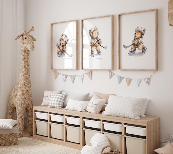 Hockey Teddy Bear Nursery Art Prints: Set of Three, Unframed