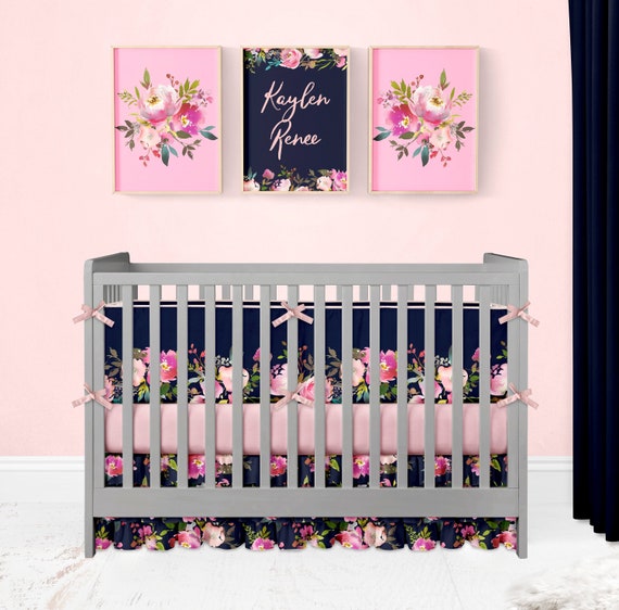 navy and pink crib sheet