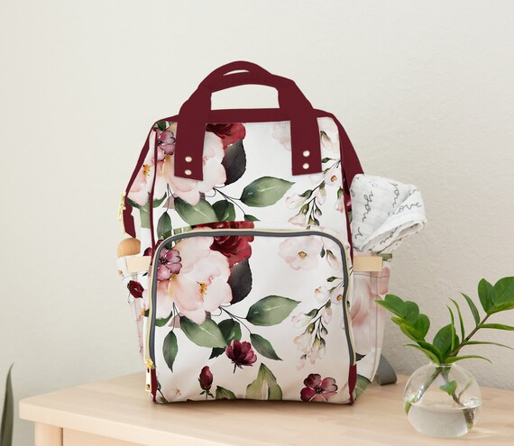 Personalized Baby Girl Diaper Bag: Pink Burgundy Floral 