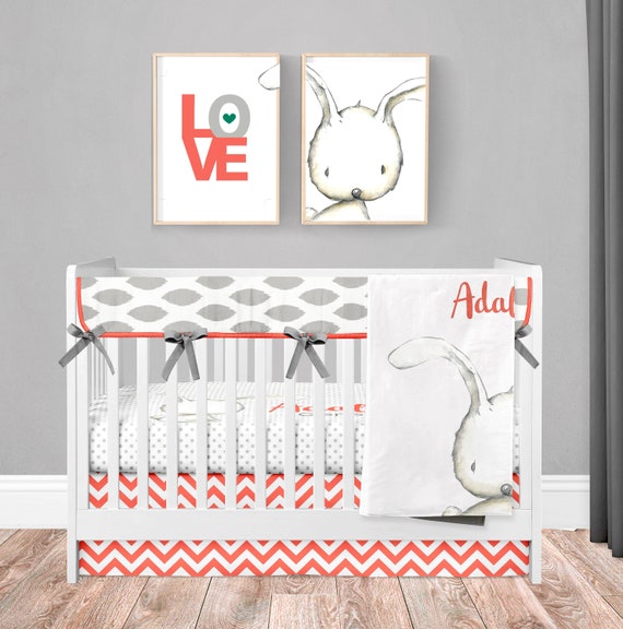 Baby Girl Crib Bedding Set Bunny Rabbit Nursery Coral Etsy