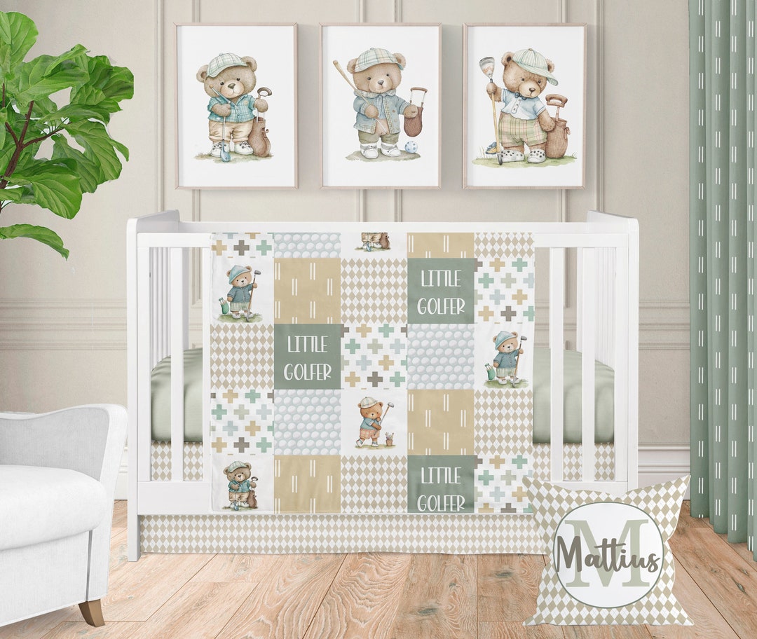 Crib Bedding Boy Golf Nursery Theme, Golfing Baby Bedding Crib Set, Teddy Bear Nursery Bedding