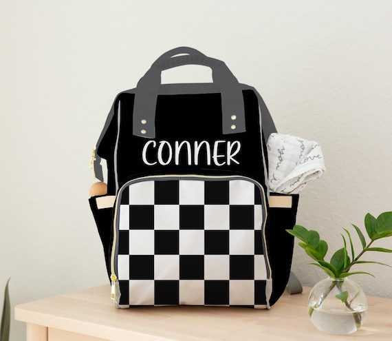 Boy Diaper Bag, Baby Personalized Backpack Diaper Bag, Black and White Checkered Diaper Bag with Baby's Name, Custom Baby Gift