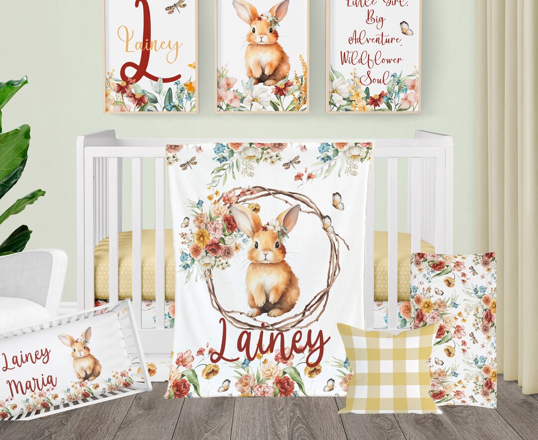 Bunny Nursery Bedding, Wildflower Crib Bedding Set, Rabbit Baby Girl