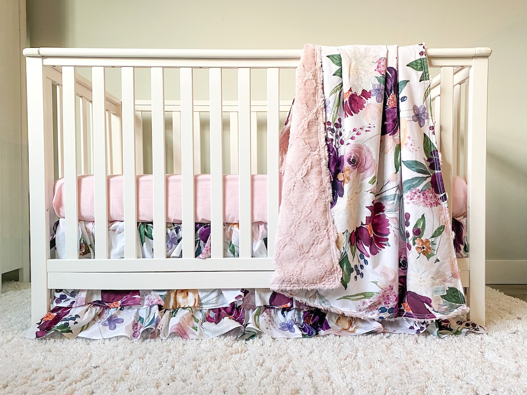 Floral Baby Girl Crib Set, Nursery Bedding in Burgundy, Purple and Pink