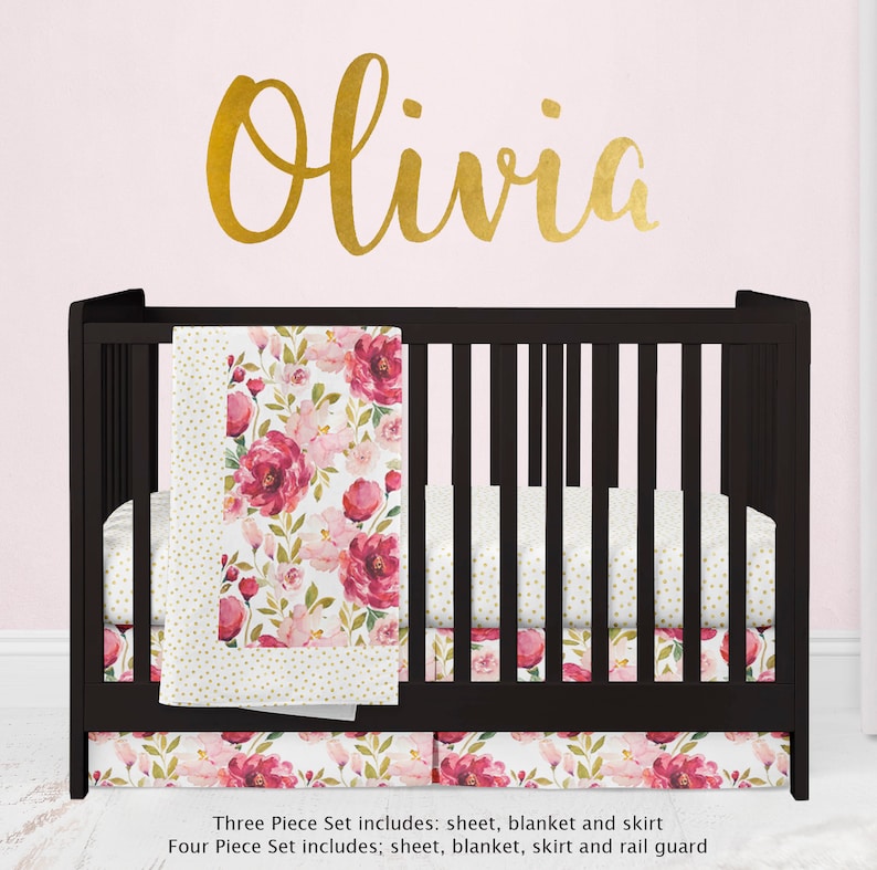 Pink Watercolor Blanket backed with minky Shower Gift Baby Girl Floral Crib Blanket for Nursery Bedding