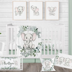 Personalized Elephant Crib Bedding Set: Green Nursery Decor