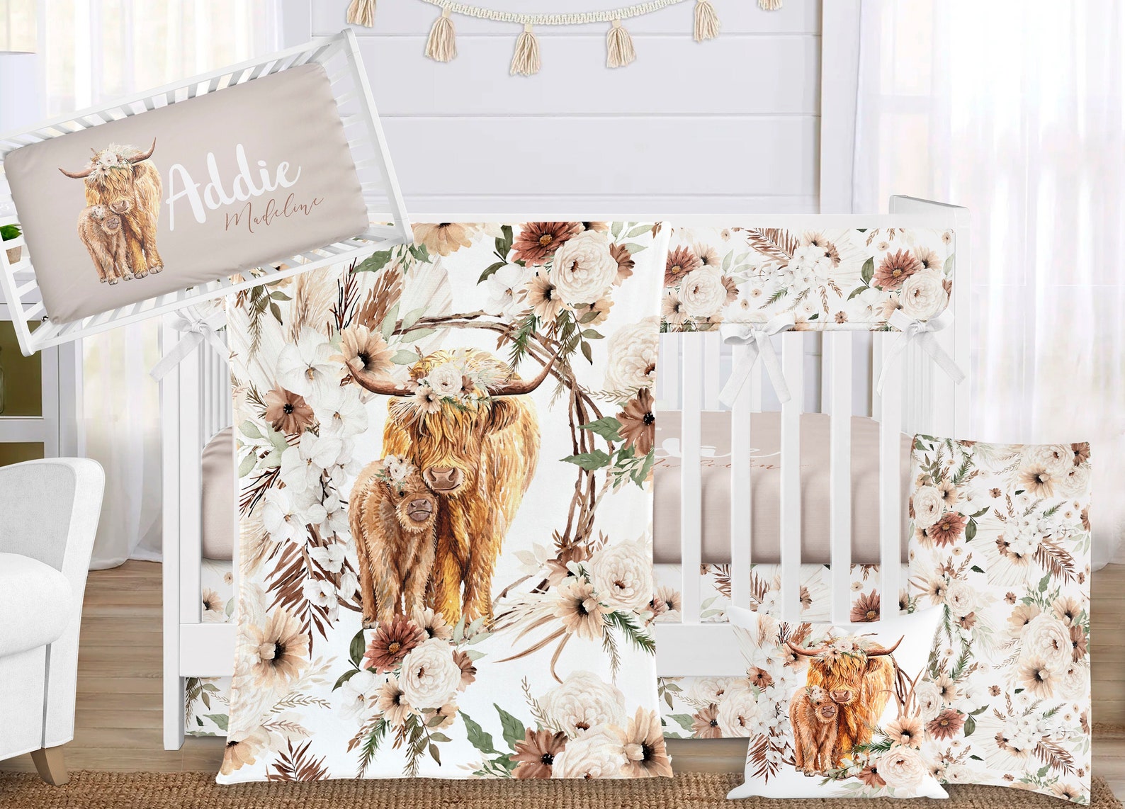 Baby Girl Floral Crib Bedding Set Highland Cow Nursery Etsy