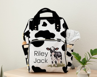 Diaper Bag Cow, Personalized Baby Diaper Bag Backpack in Black and White Cow Print, Baby Shower Gift