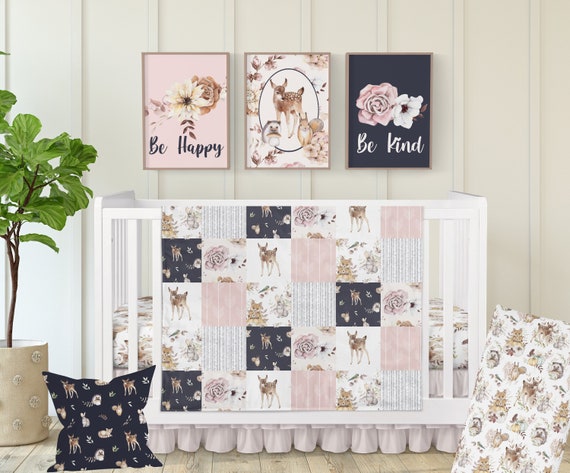 Baby Girl Crib Bedding, Woodland Nursery Pink and Navy Blue, Forest Animals  Deer and Bunnies, Baby Girl Woodlands Nursery Decor -  Hong Kong