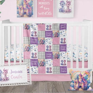 Dragon Nursery Baby Girl, Pink and Purple Fantasy Crib Bedding, Baby Girl Bedding Set Dragon Theme, Personalized Baby Shower Gift