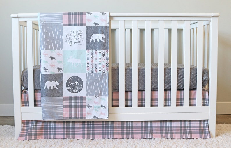 Girl Woodlands Crib Bedding Pink Plaid Crib Skirt Grey Minky Etsy