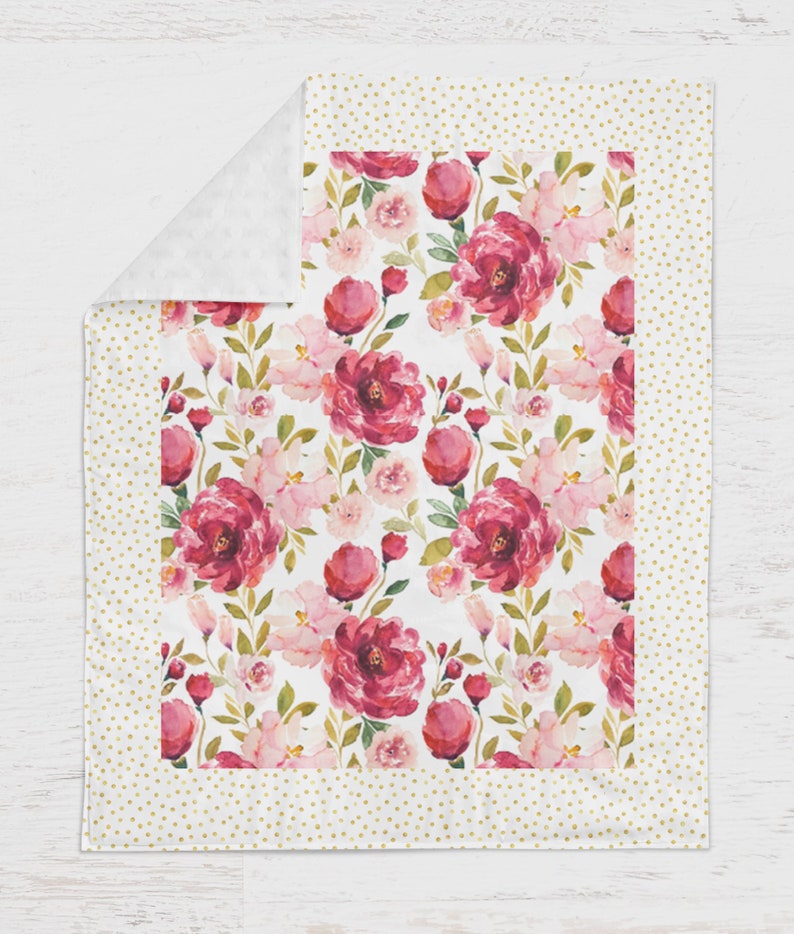 Pink Watercolor Blanket backed with minky Shower Gift Baby Girl Floral Crib Blanket for Nursery Bedding