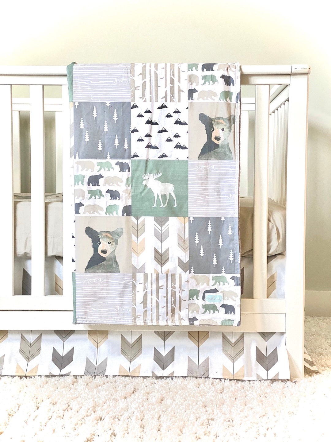 Sage Woodland Nursery Crib Bedding Set, Bear and Moose Baby Bedding
