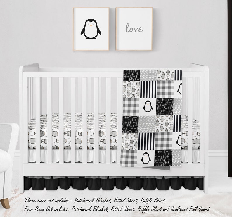 Penguin Crib Bedding Set Baby Girl Black and White Nursery Etsy