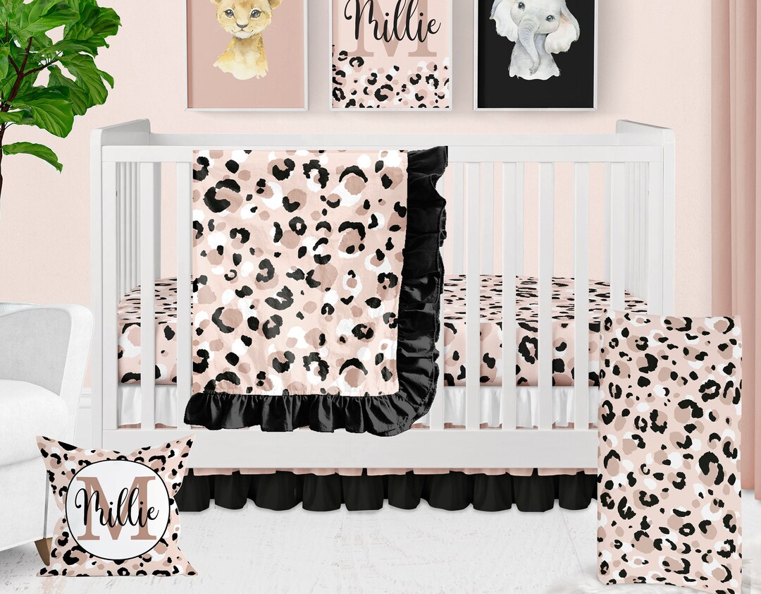 Leopard Crib Bedding Set, Girl Nursery Bedding, Pink and Black Cheetah