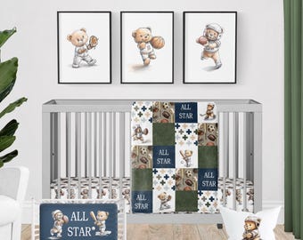 All Star Crib Bedding Set – Teddy Bear Minky Blanket, Crib Sheet, Throw Pillow, Sports Nursery